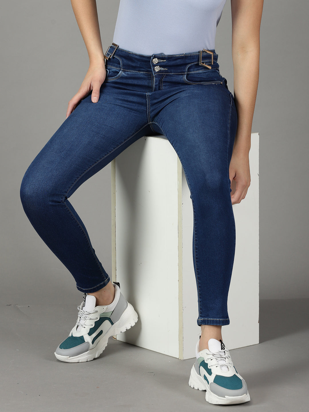 Women's Navy Blue Slim Fit High-Rise Light Fade Stretchable Jeans