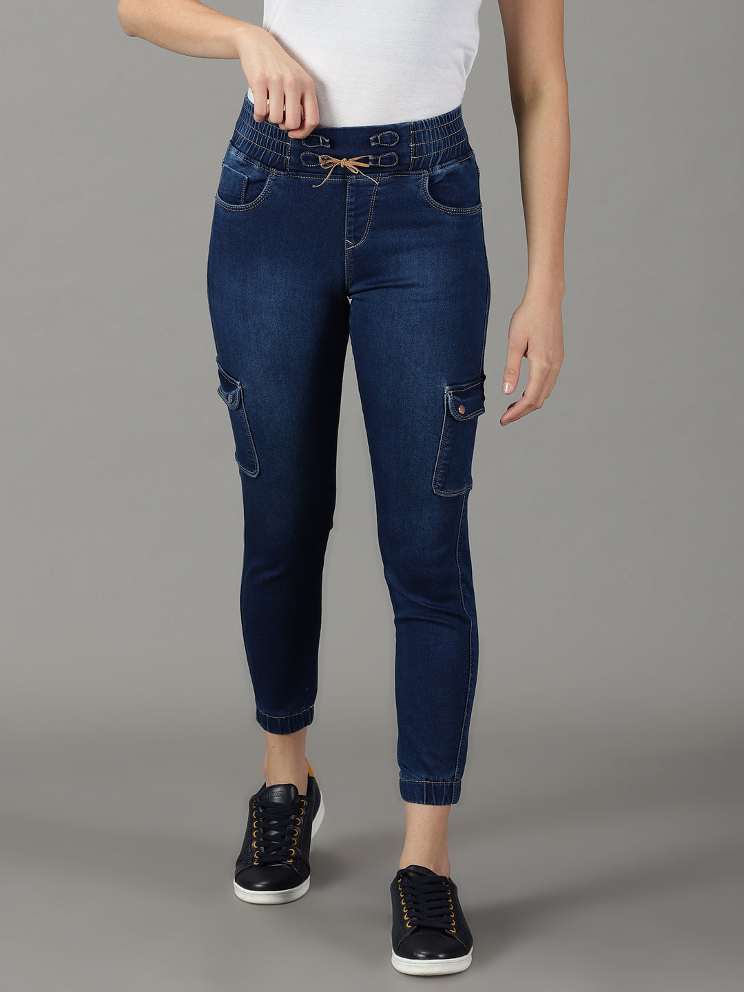 Women's Navy Blue Jogger High-Rise Light Fade Acid Wash Stretchable Cotton Jeans