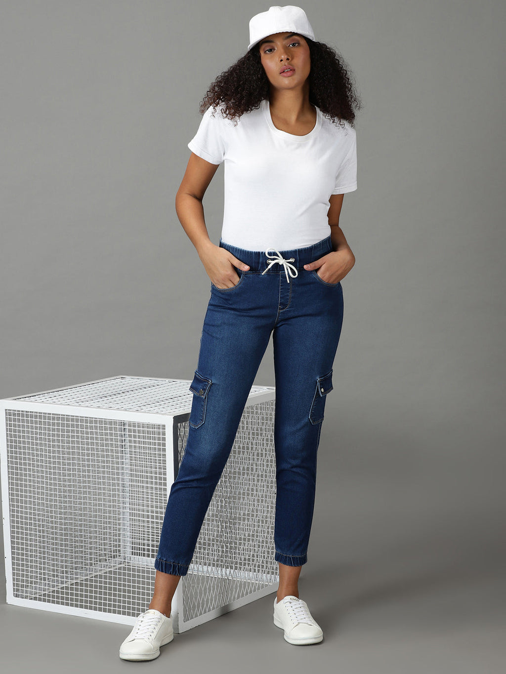 Women's Navy Blue Jogger High-Rise Light Fade Stretchable Cotton Jeans