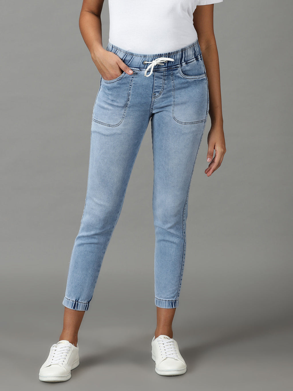 Women's Blue Jogger High-Rise Light Fade Stretchable Jeans