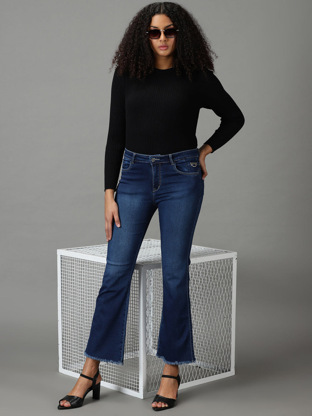 Women's Navy Blue Bootcut High-Rise Light Fade Acid Wash Stretchable Jeans