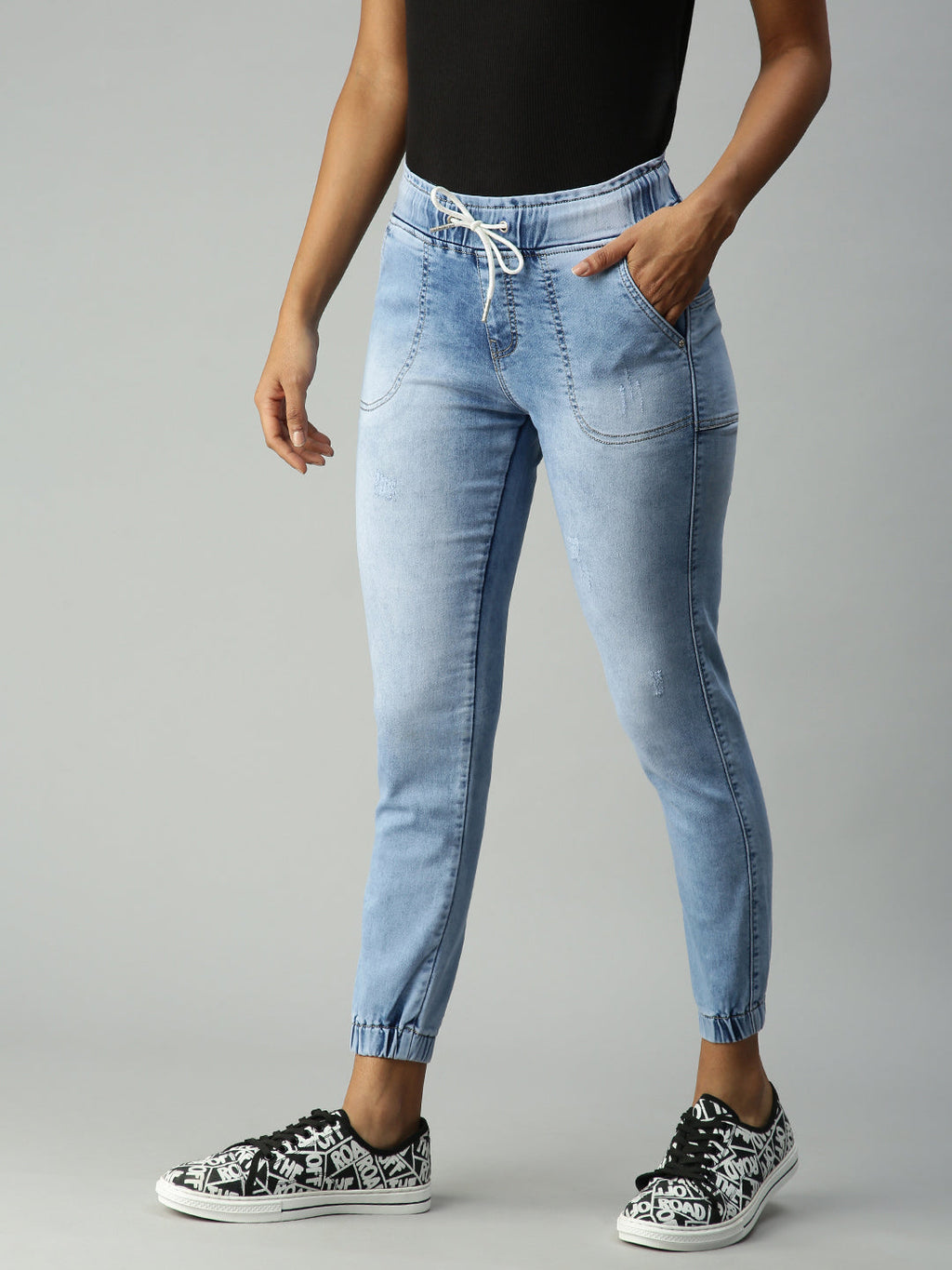 Women's Blue Jean Jogger High-Rise Heavy Fade Stretchable Jeans