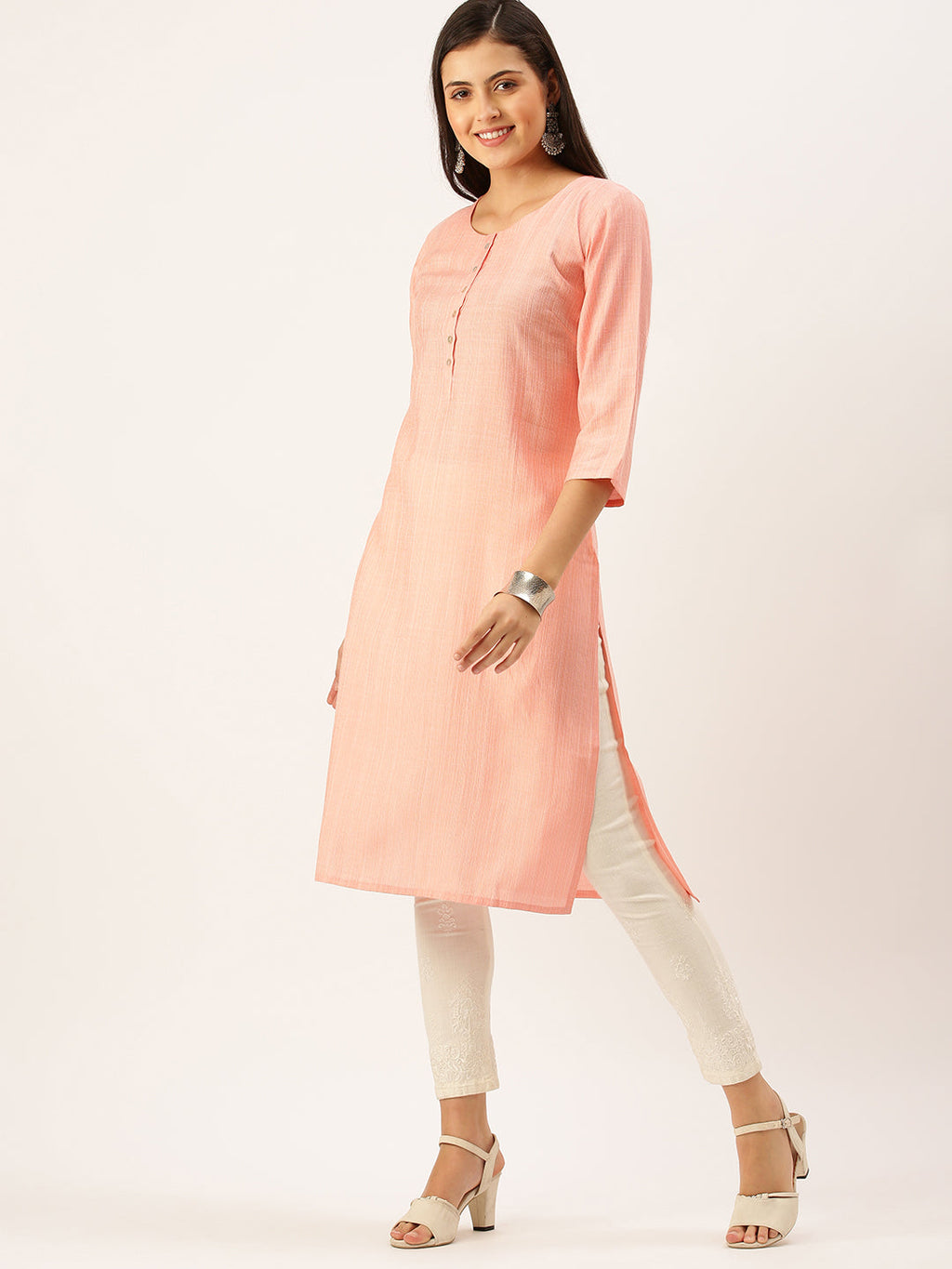 Women's Peach Solid Straight Kurta