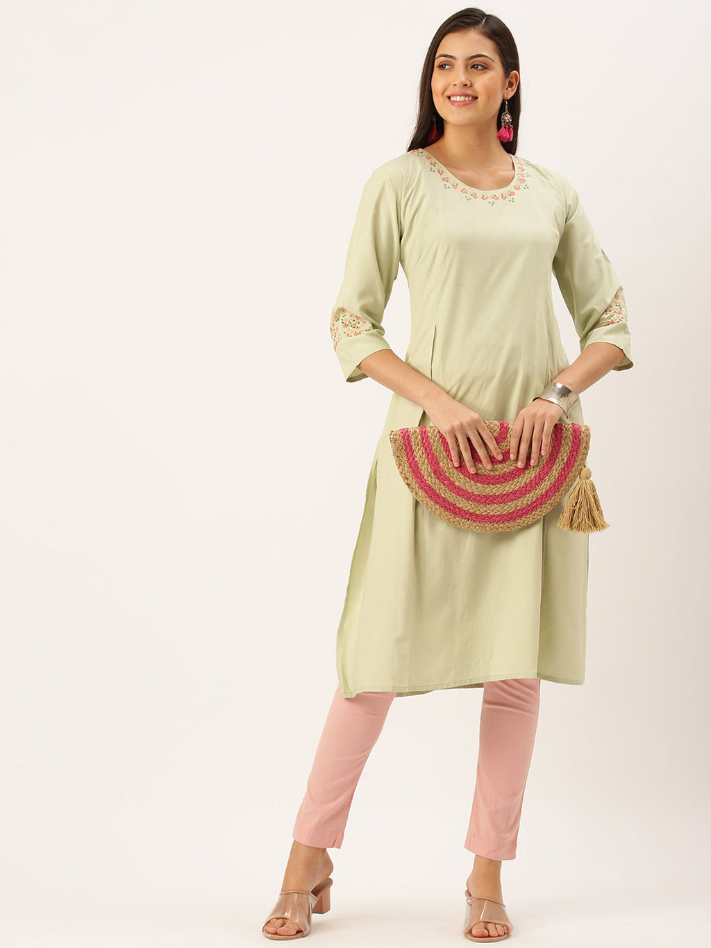Women's Green Thread Work Straight Kurta