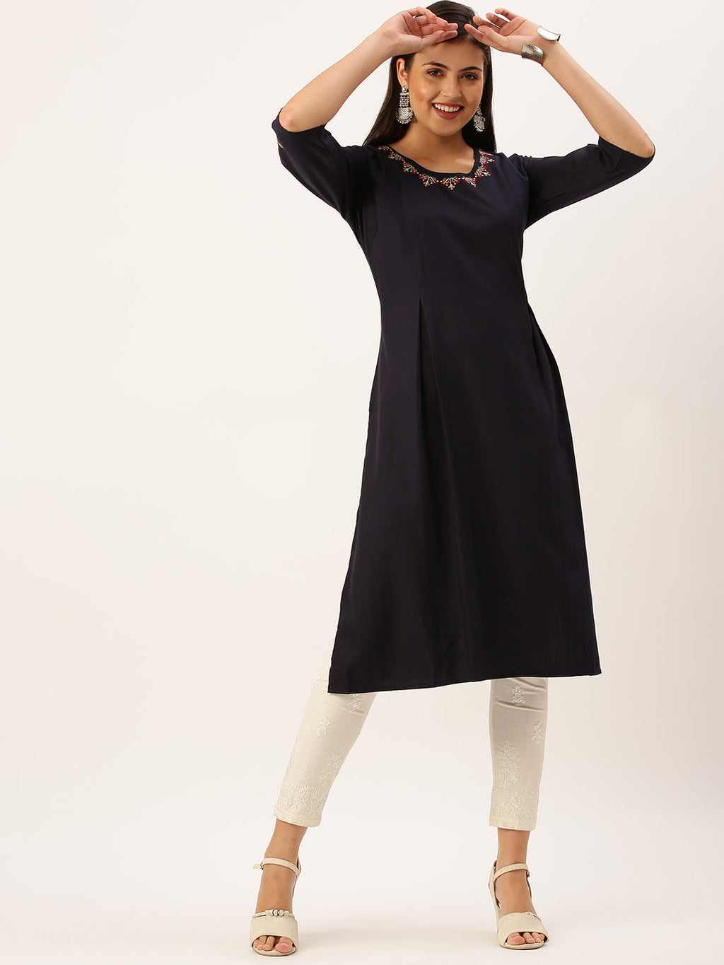 Women's Embroidered Navy Blue Straight Kurta