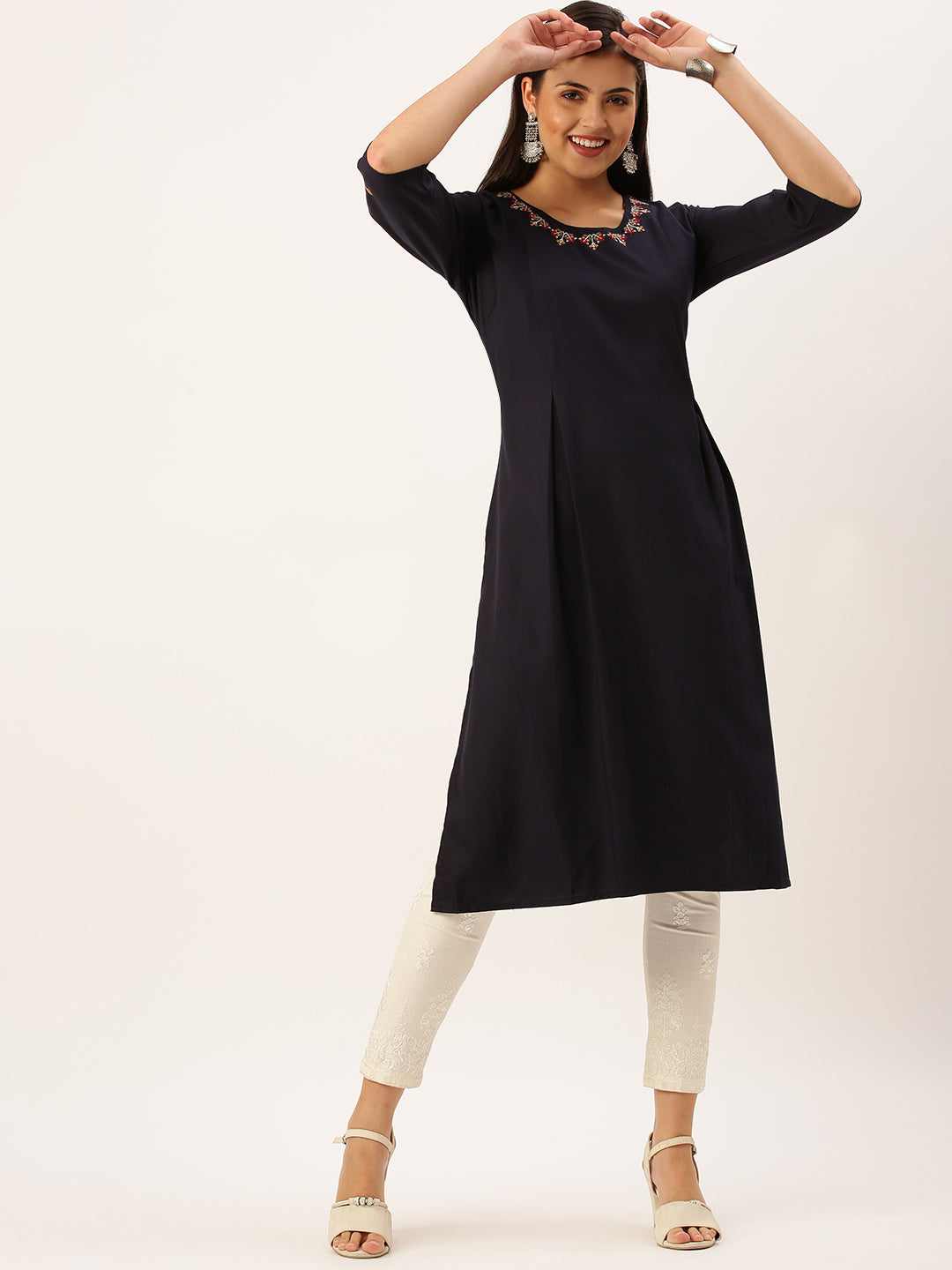 Women's Embroidered Navy Blue Straight Kurta