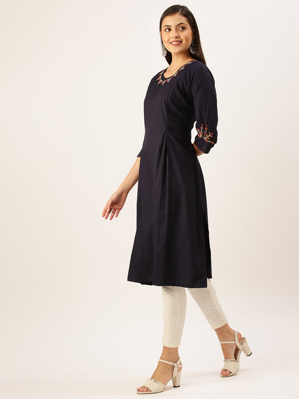 Women's Embroidered Navy Blue Straight Kurta