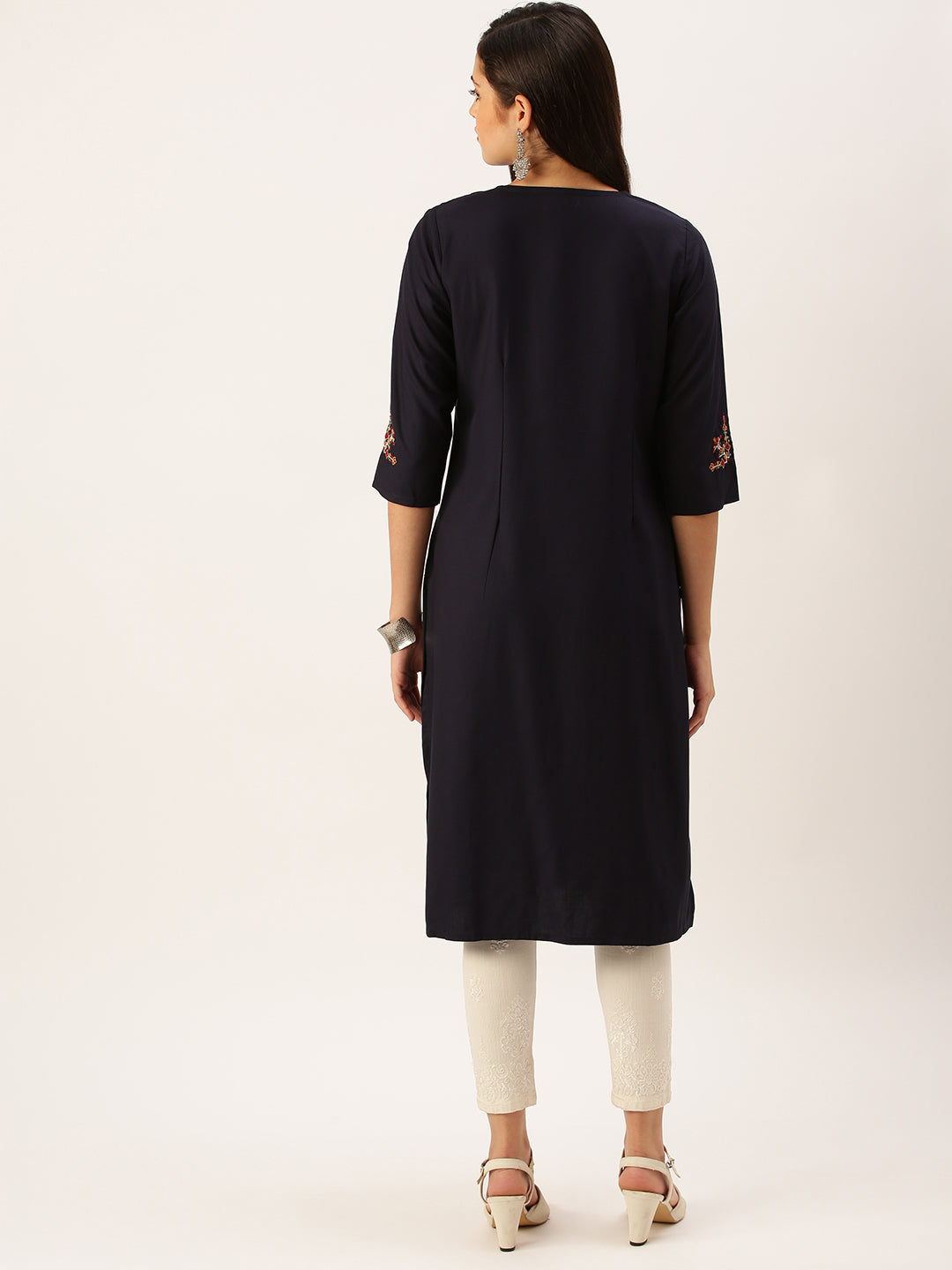 Women's Embroidered Navy Blue Straight Kurta