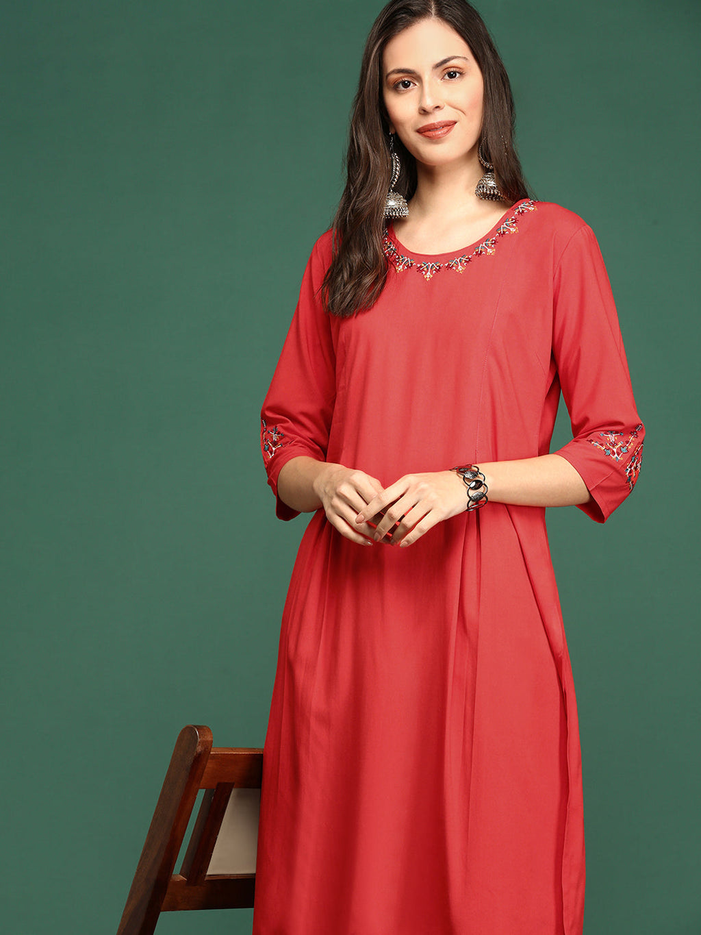 Women's Embroidered Red Straight Kurta