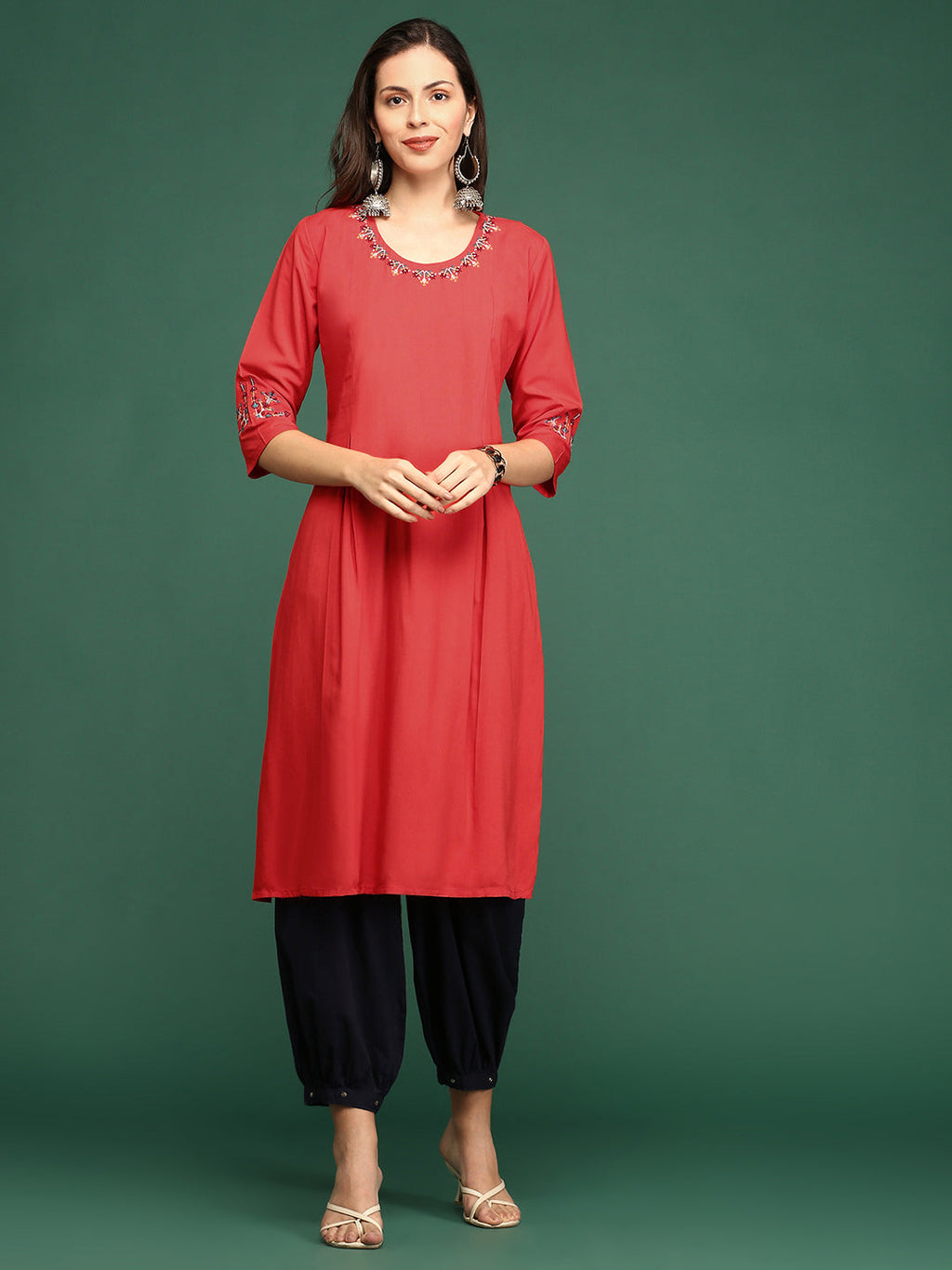 Women's Embroidered Red Straight Kurta