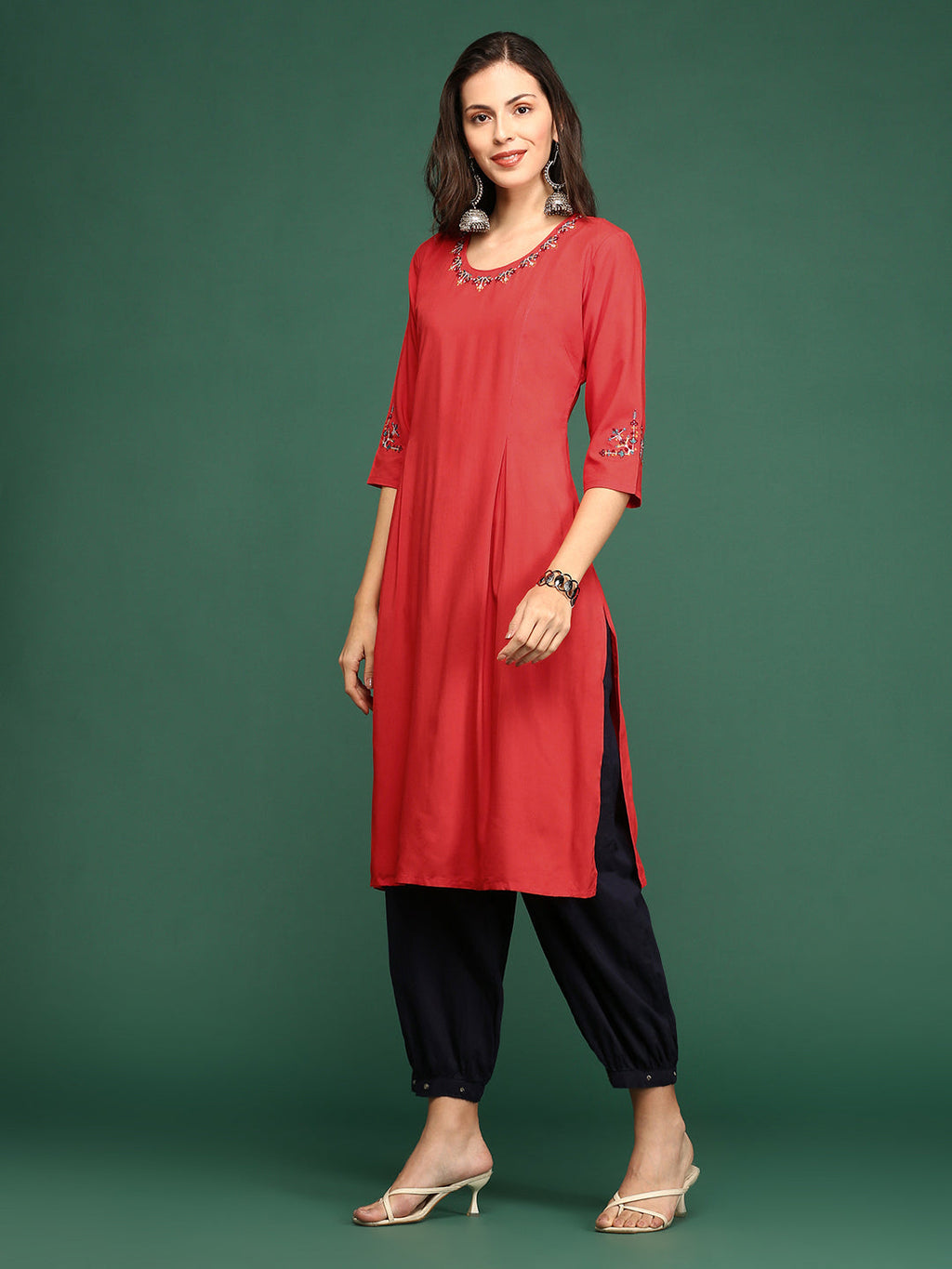 Women's Embroidered Red Straight Kurta