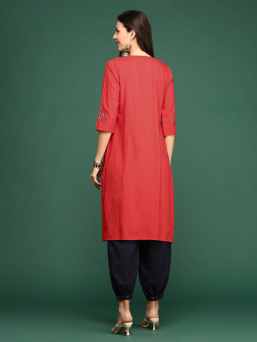 Women's Embroidered Red Straight Kurta