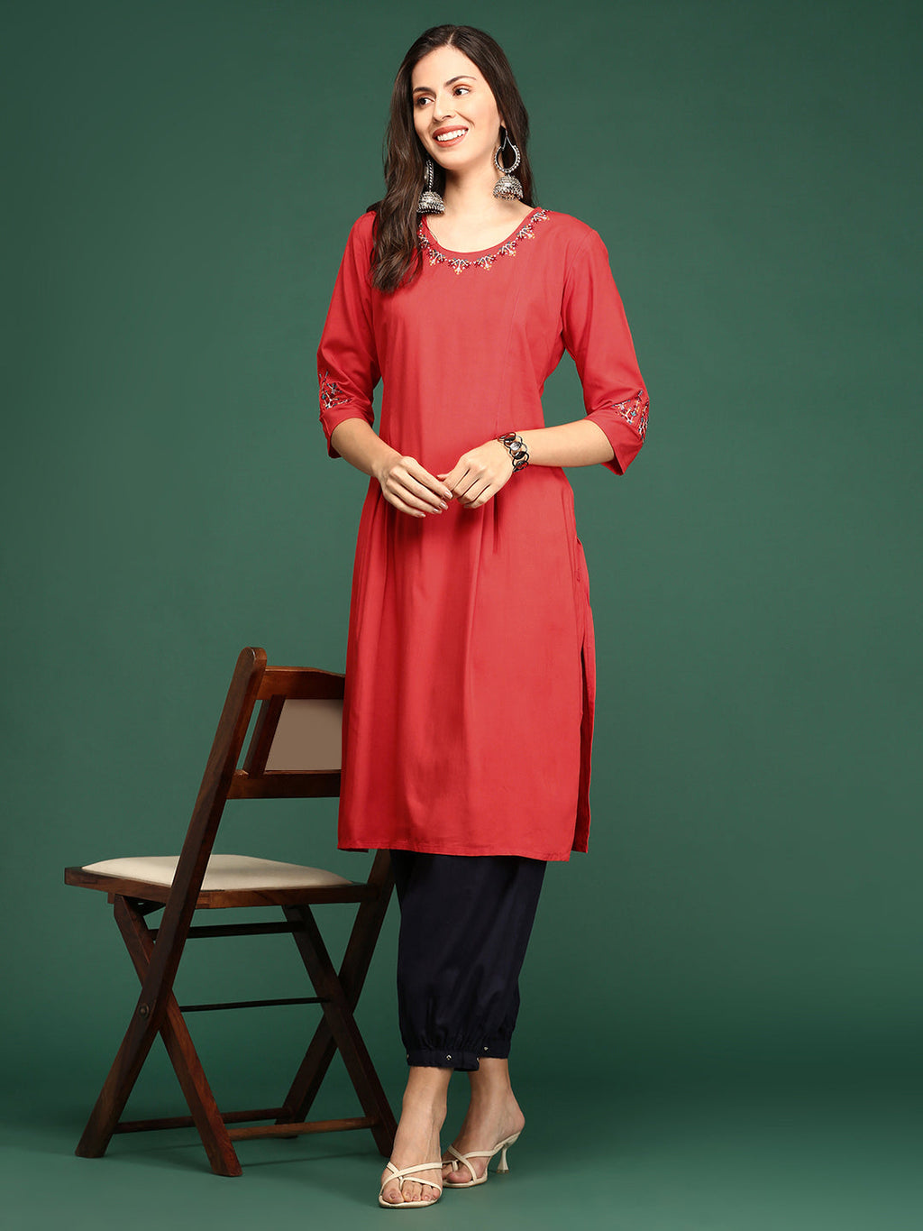 Women's Embroidered Red Straight Kurta