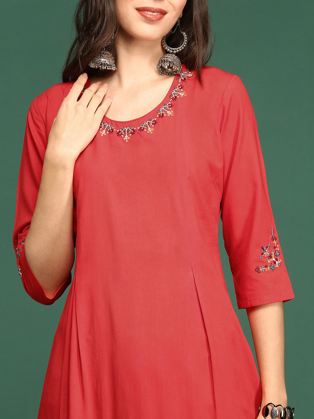 Women's Embroidered Red Straight Kurta