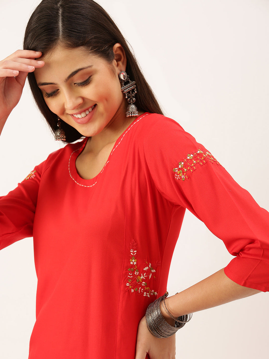 Women's Red Solid Cotton Straight Kurta