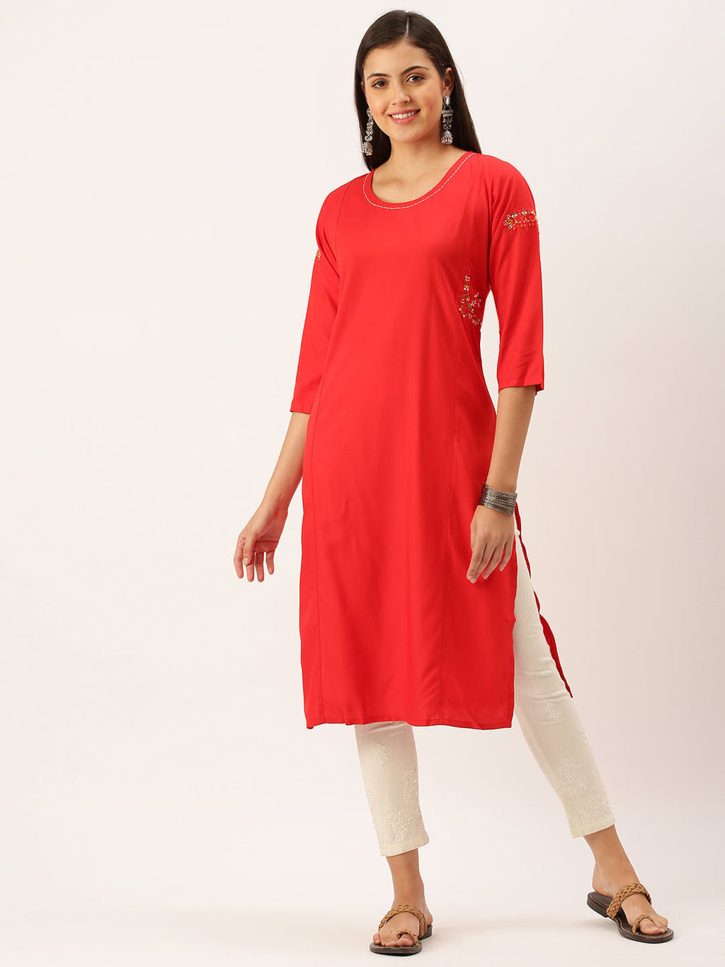 Women's Red Solid Cotton Straight Kurta