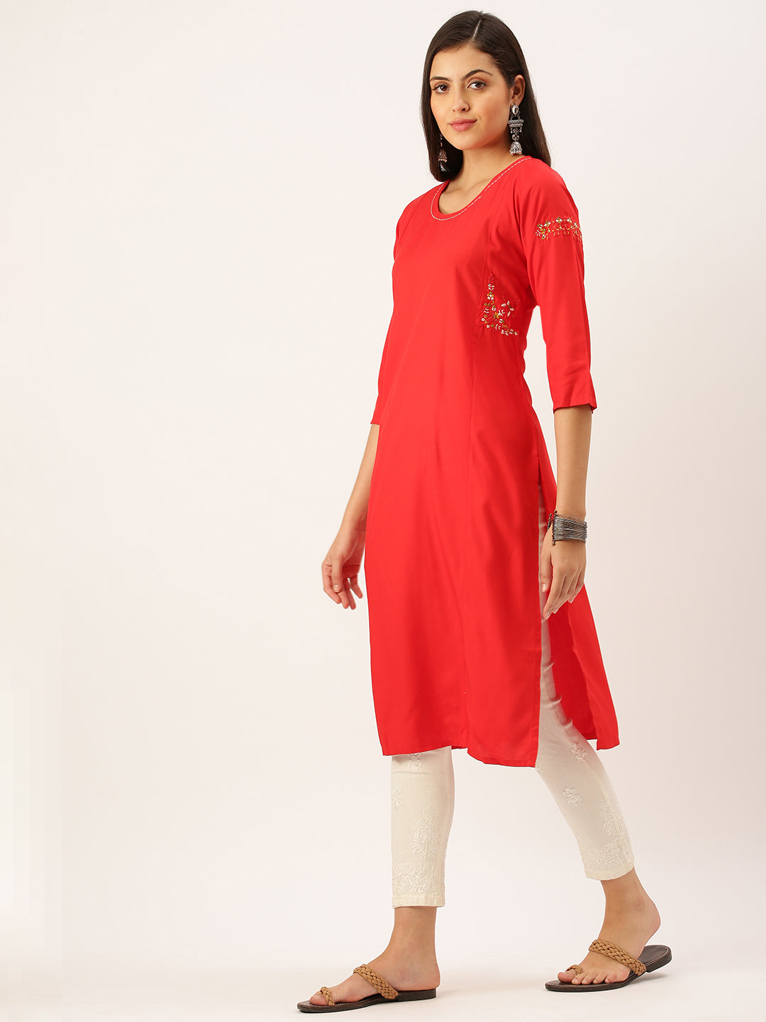 Women's Red Solid Cotton Straight Kurta