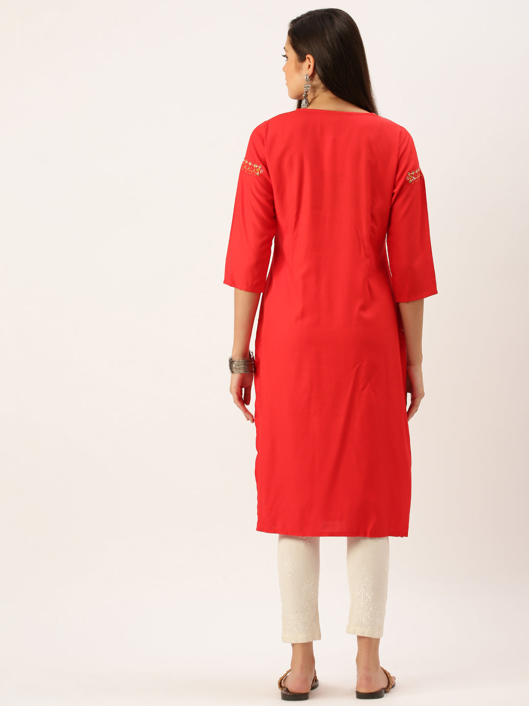 Women's Red Solid Cotton Straight Kurta