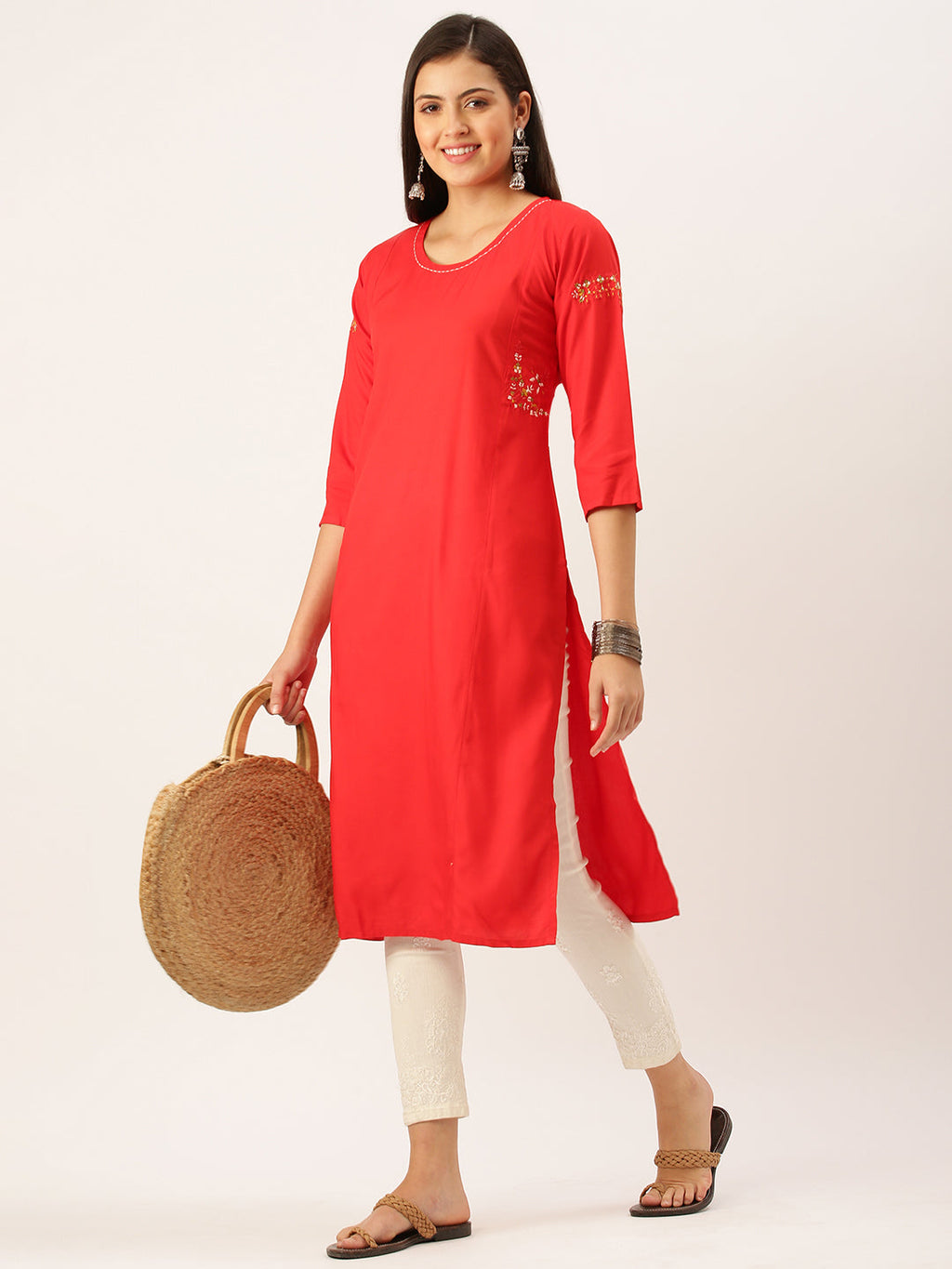 Women's Red Solid Cotton Straight Kurta
