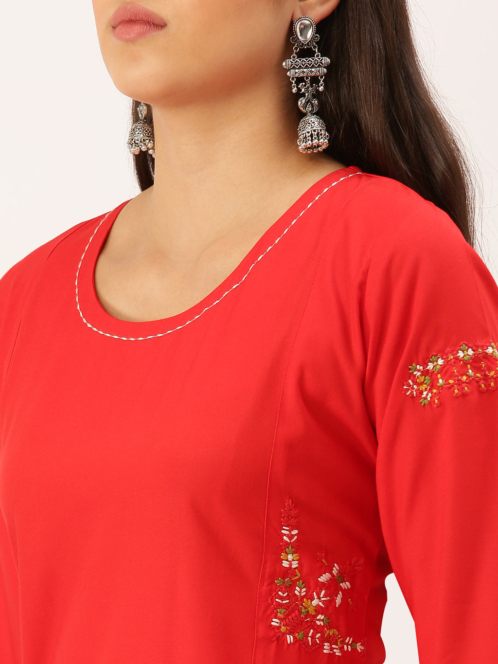 Women's Red Solid Cotton Straight Kurta