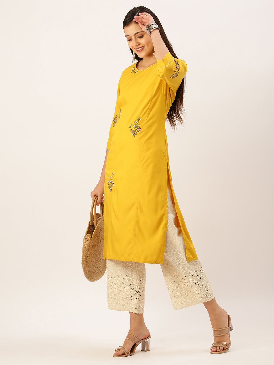 Women's Mustard Solid Straight Kurta