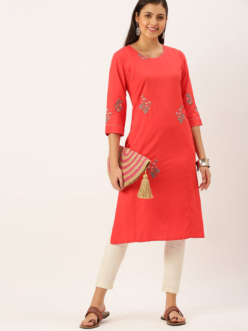 Women's Red Solid Straight Kurta
