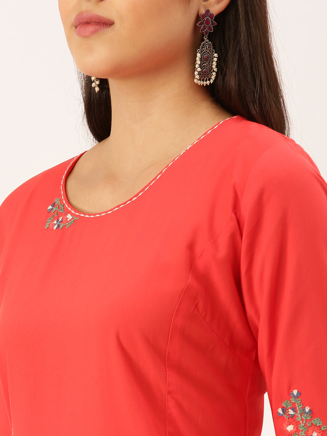 Women's Red Solid Straight Kurta