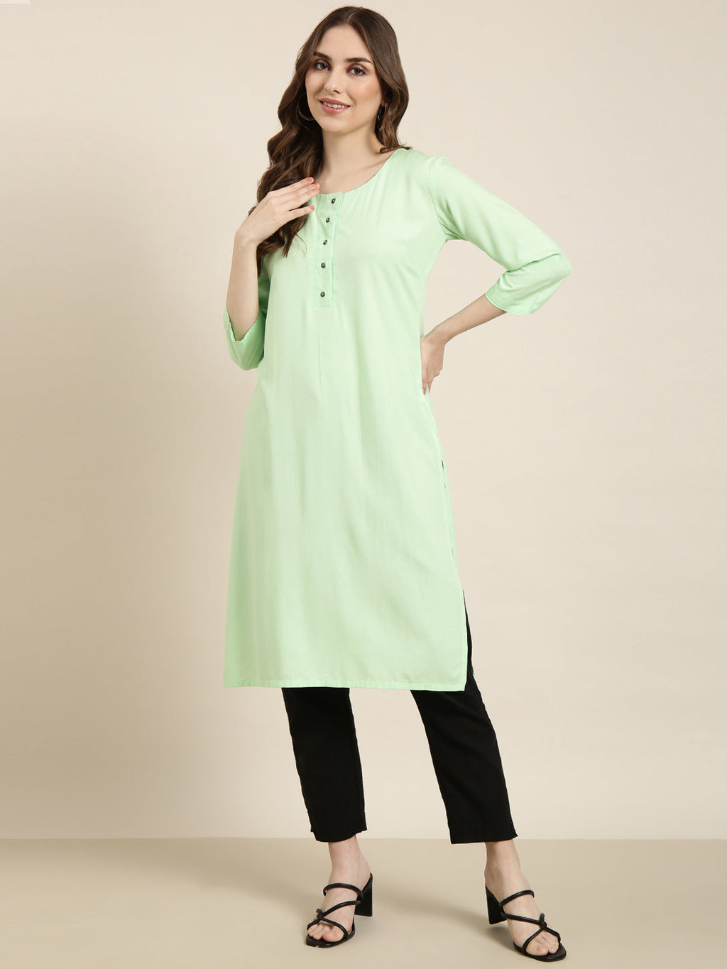Women's Straight Green Solid Kurta