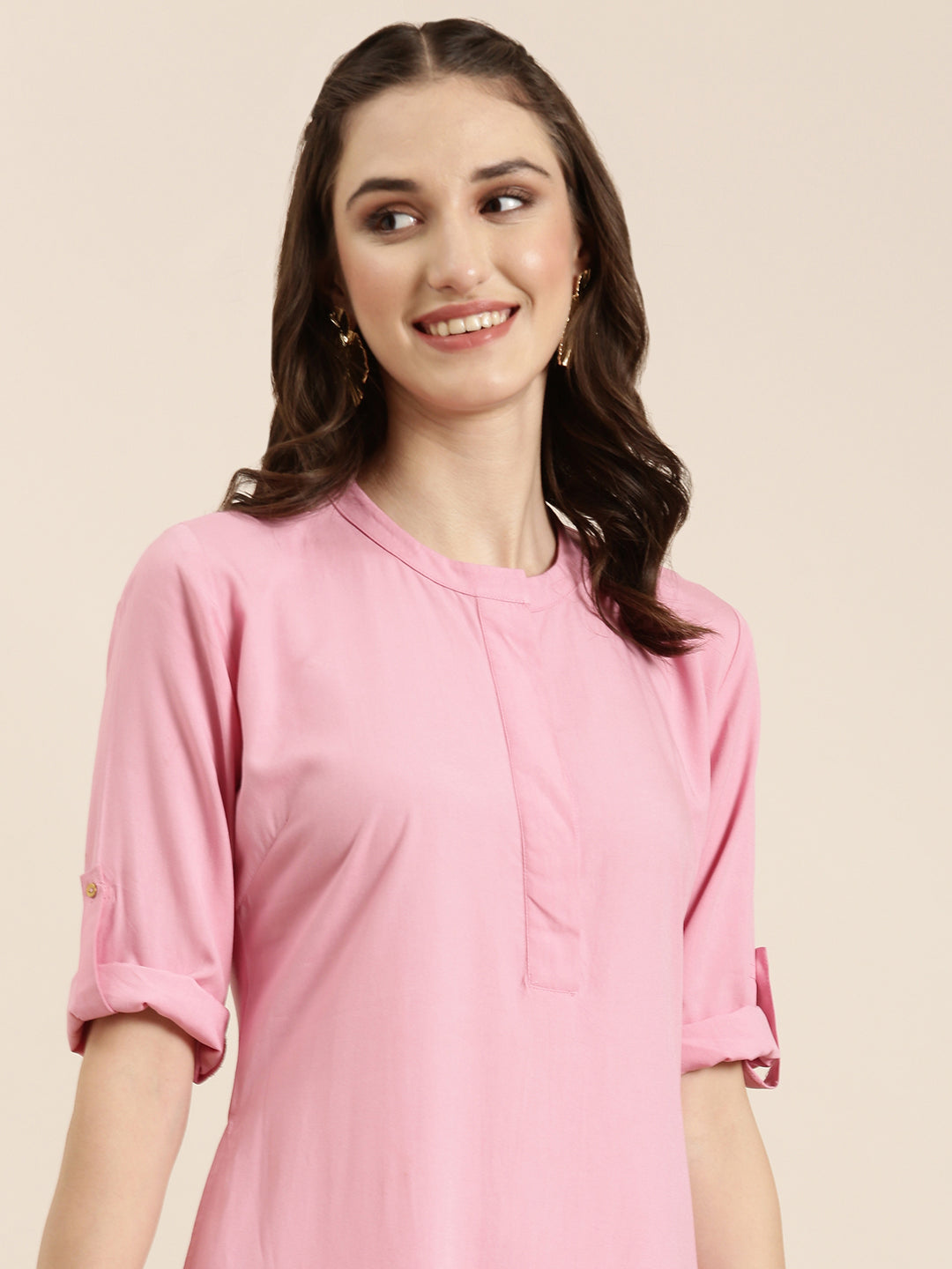 Women's Pink Mandarin Collar A-Line Kurta