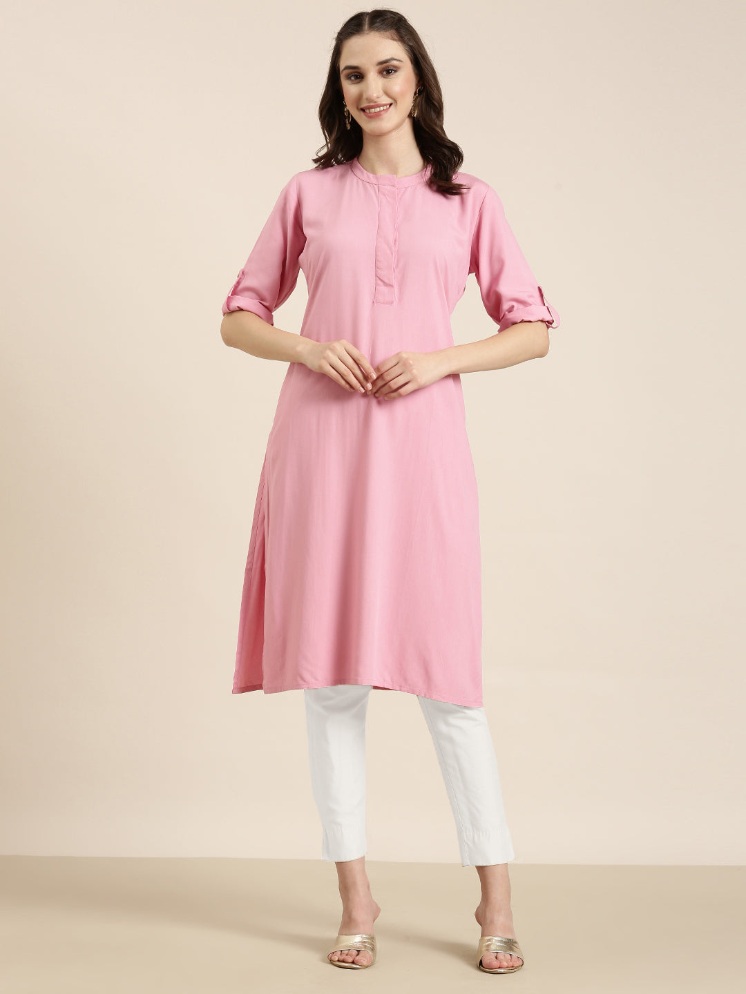 Women's Pink Mandarin Collar A-Line Kurta