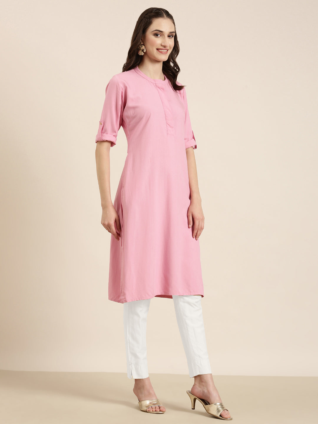 Women's Pink Mandarin Collar A-Line Kurta