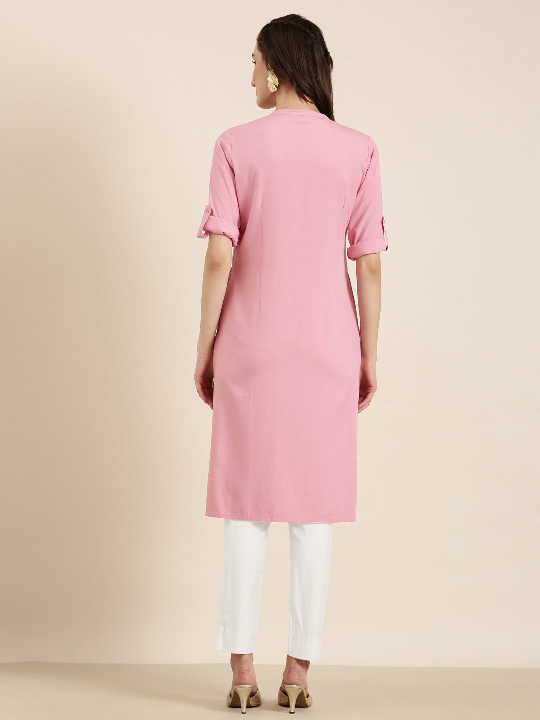 Women's Pink Mandarin Collar A-Line Kurta