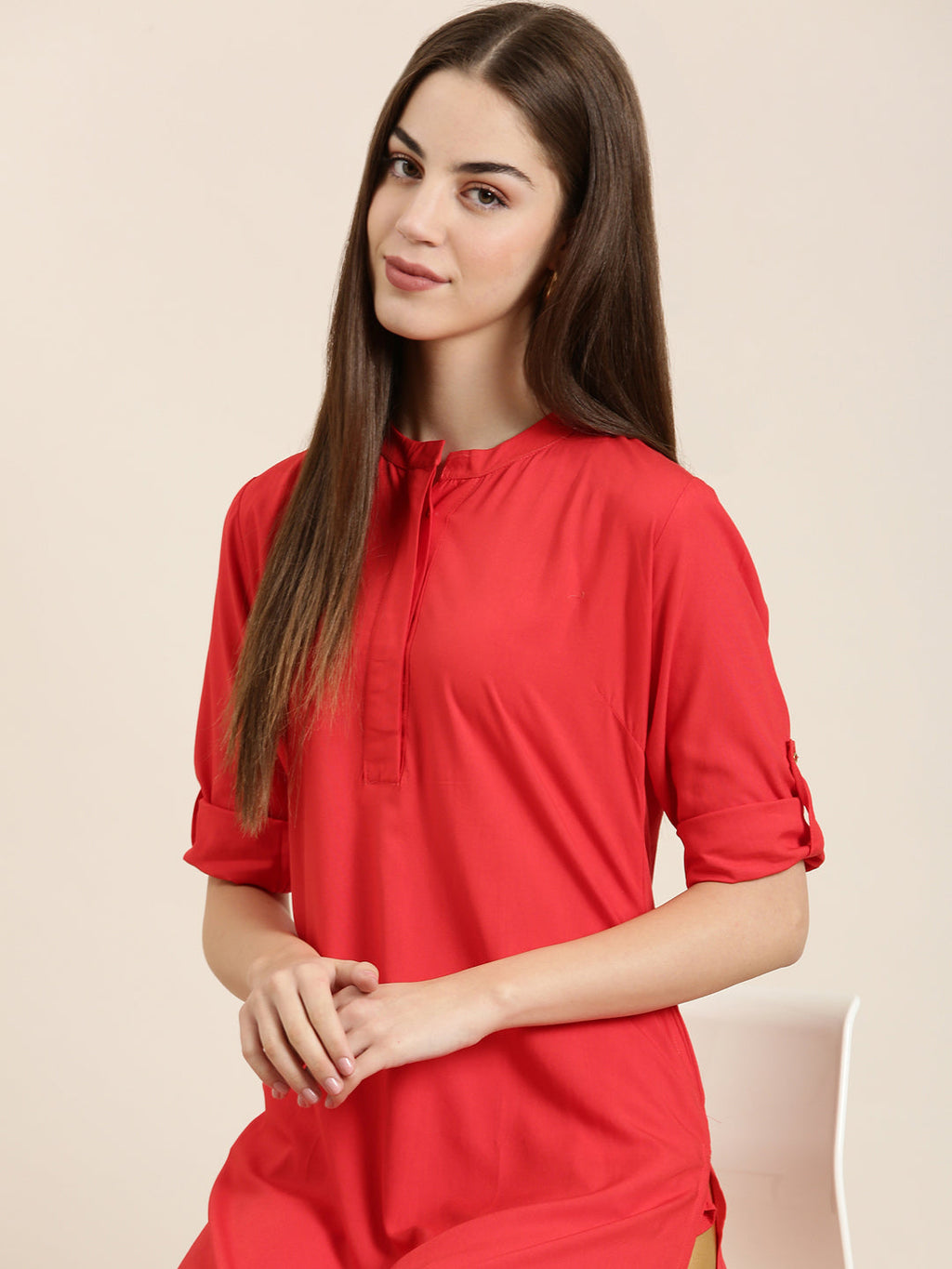 Women's Red Mandarin Collar Roll-Up Sleeves Kurta