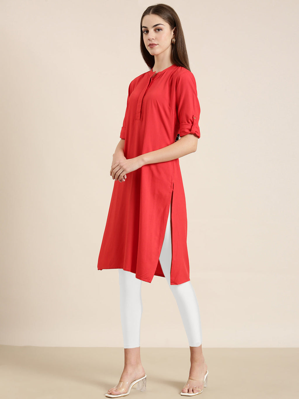 Women's Red Mandarin Collar Roll-Up Sleeves Kurta