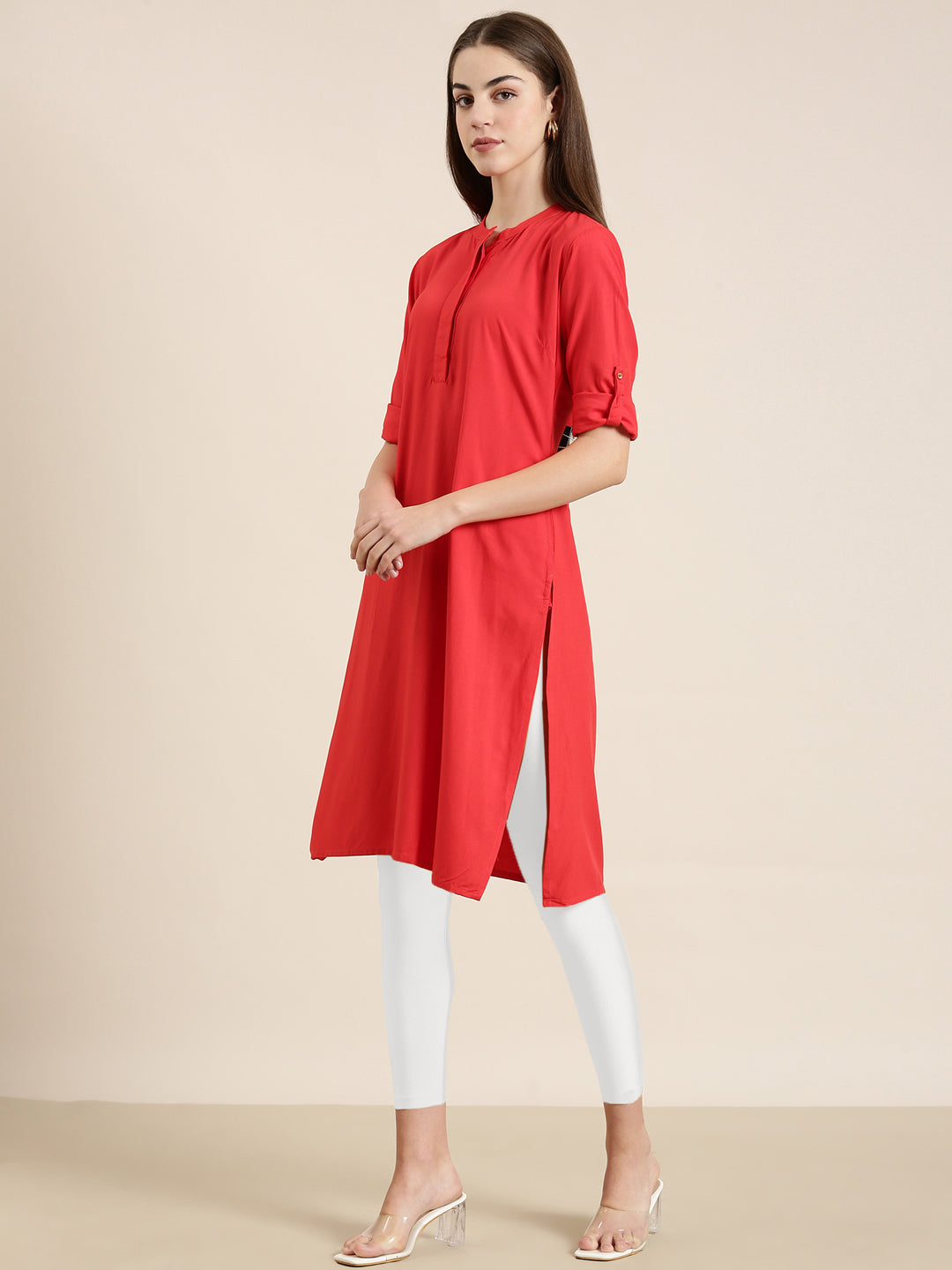 Women's Red Mandarin Collar Roll-Up Sleeves Kurta