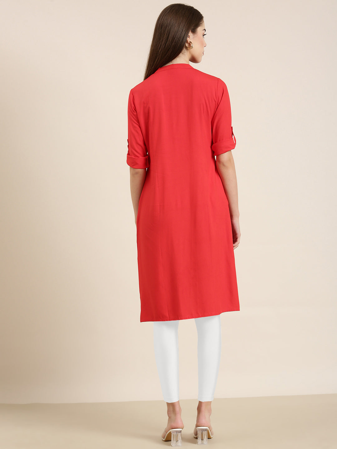 Women's Red Mandarin Collar Roll-Up Sleeves Kurta