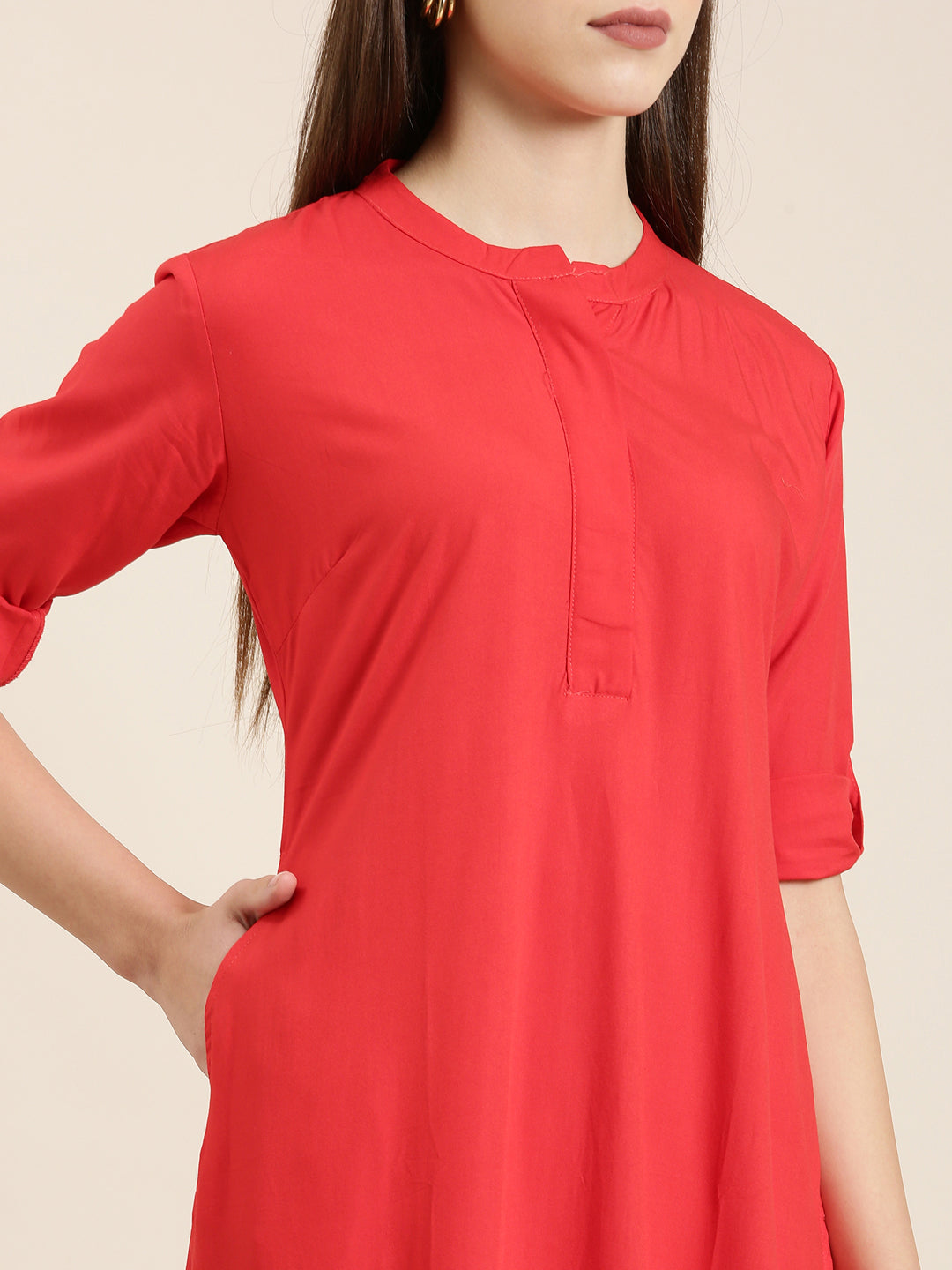Women's Red Mandarin Collar Roll-Up Sleeves Kurta
