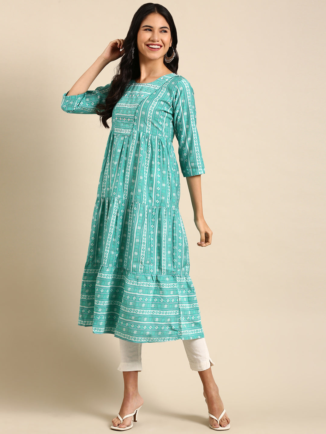 Women's Turquoise Blue Printed Anarkali Kurta