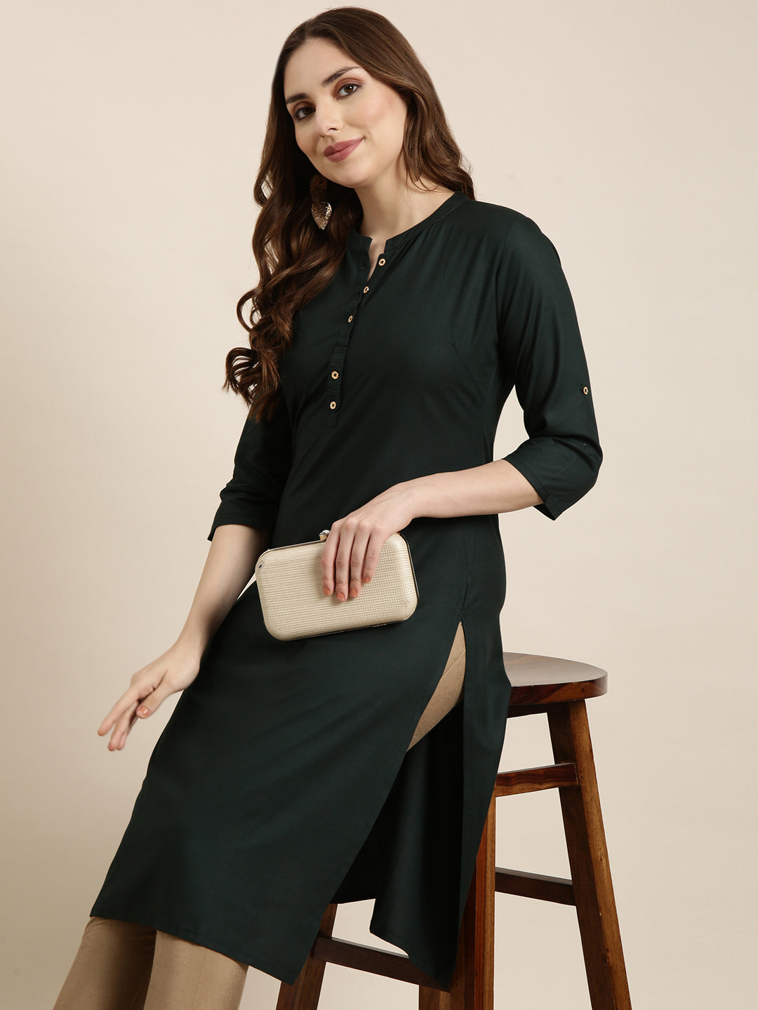 Women's Straight Green Solid Kurta