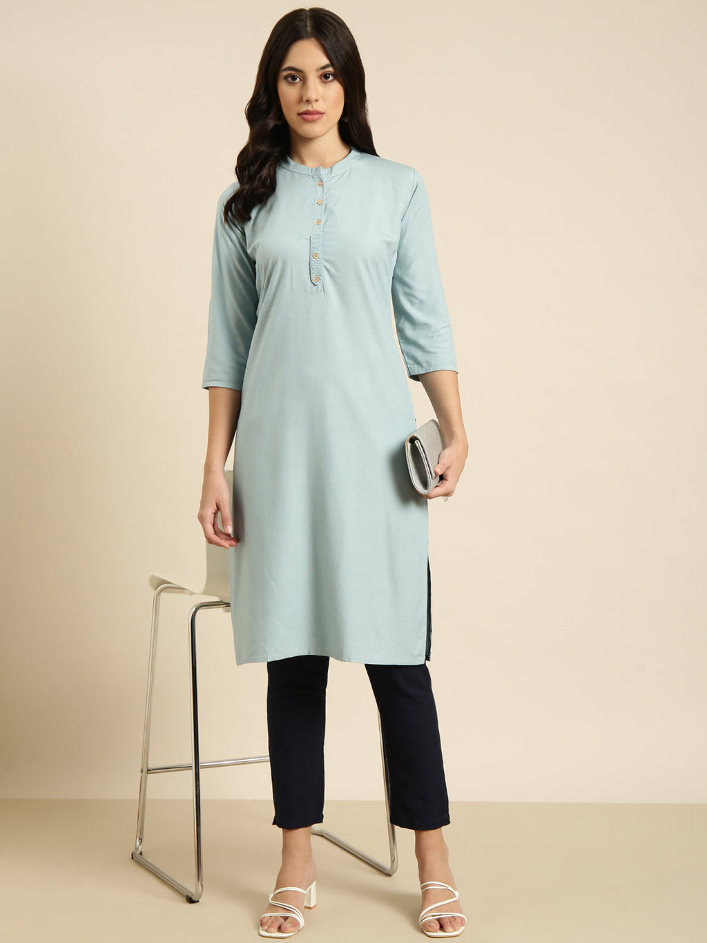 Women's Straight Blue Solid Kurta