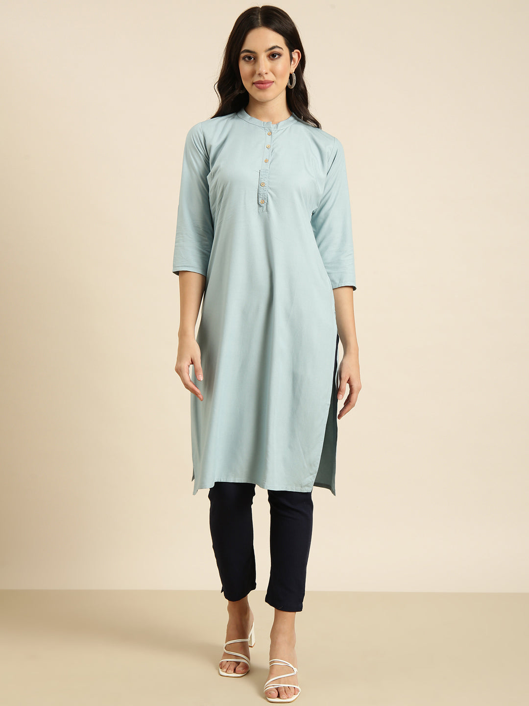 Women's Straight Blue Solid Kurta