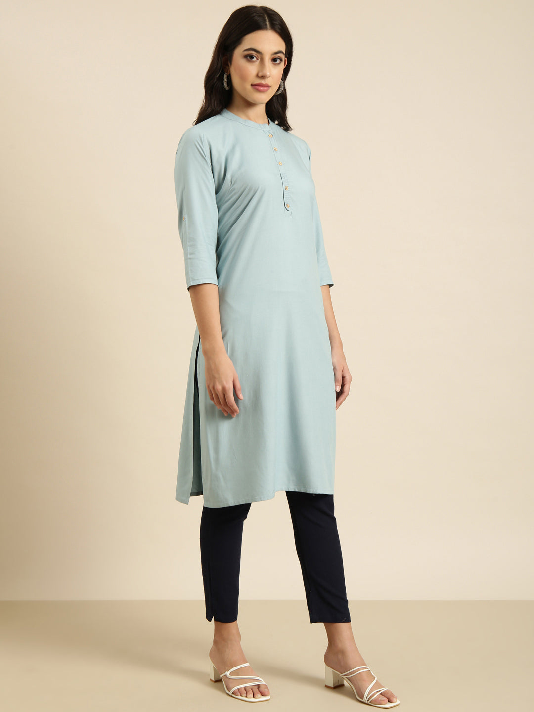 Women's Straight Blue Solid Kurta