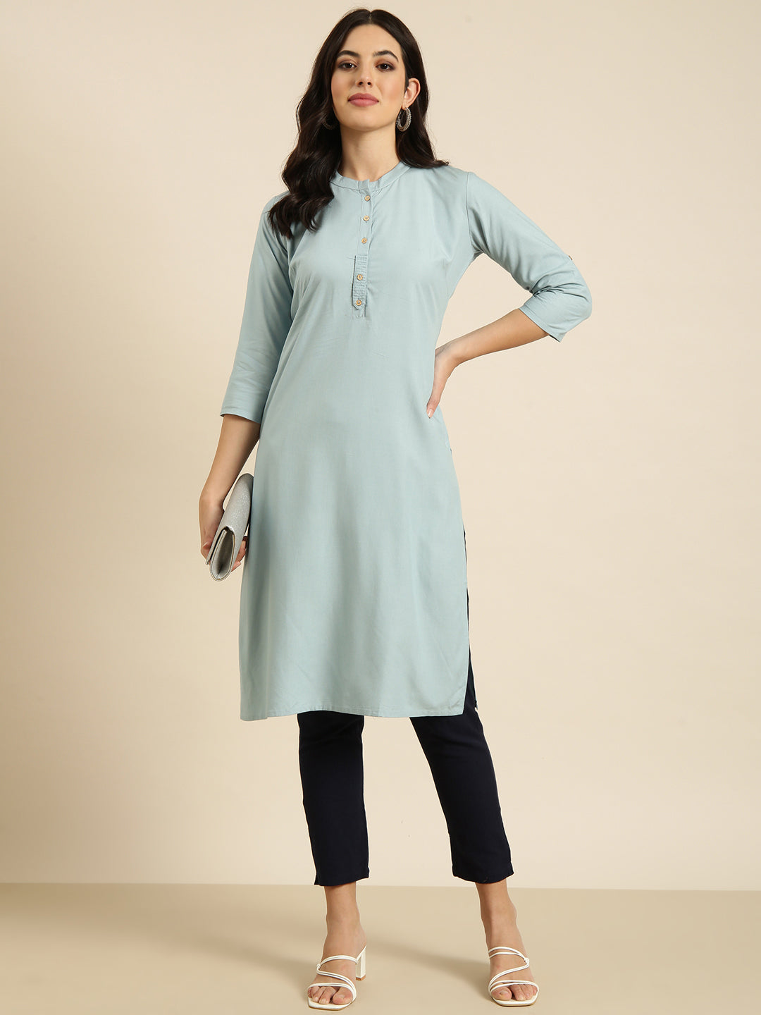 Women's Straight Blue Solid Kurta