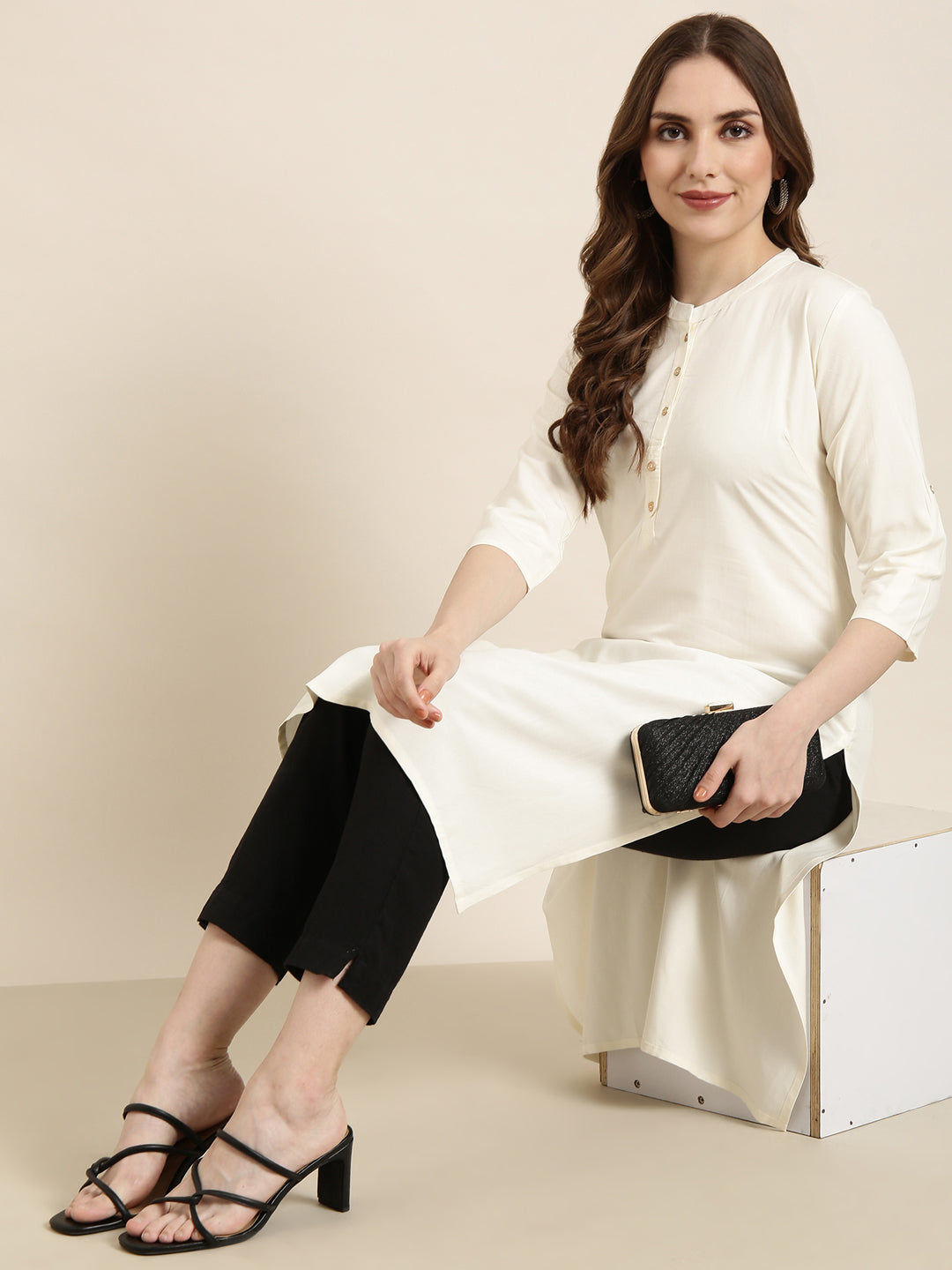 Women's Straight Cream Solid Kurta
