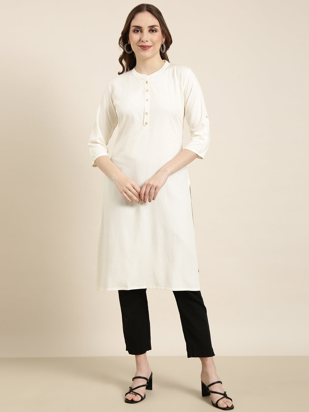 Women's Straight Cream Solid Kurta