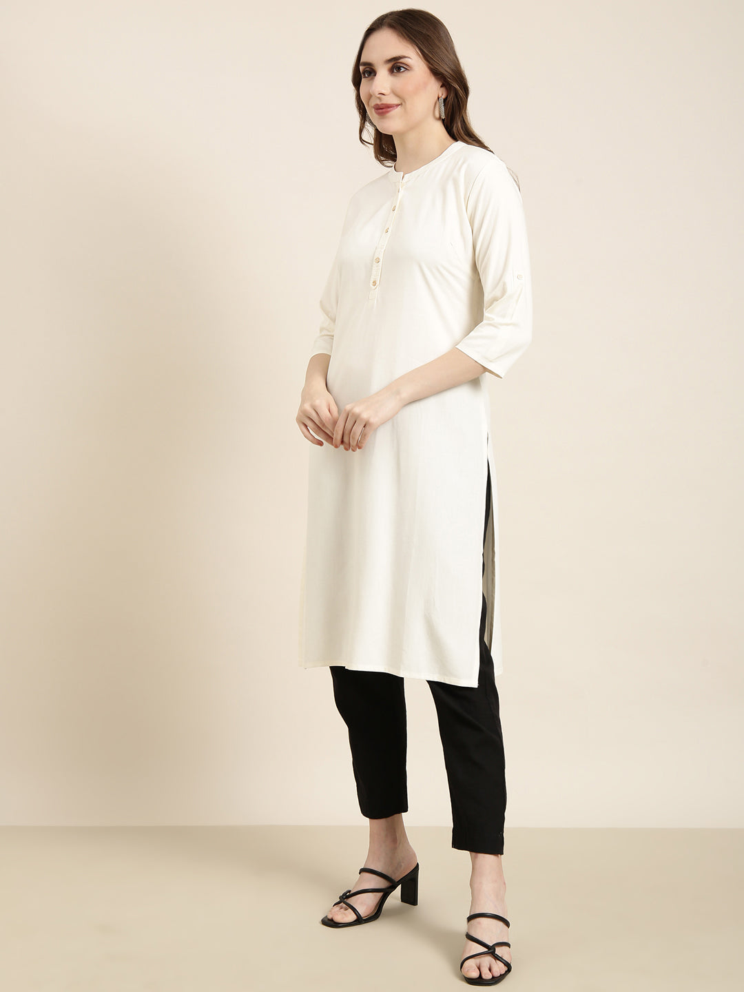 Women's Straight Cream Solid Kurta