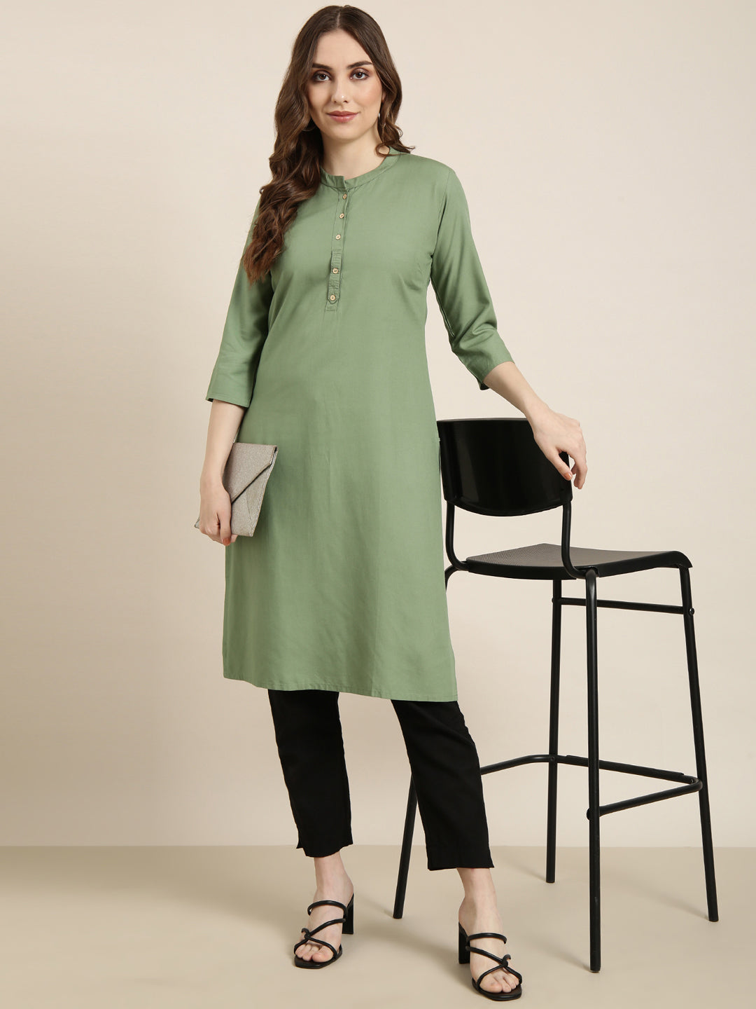Women's Straight Green Solid Kurta