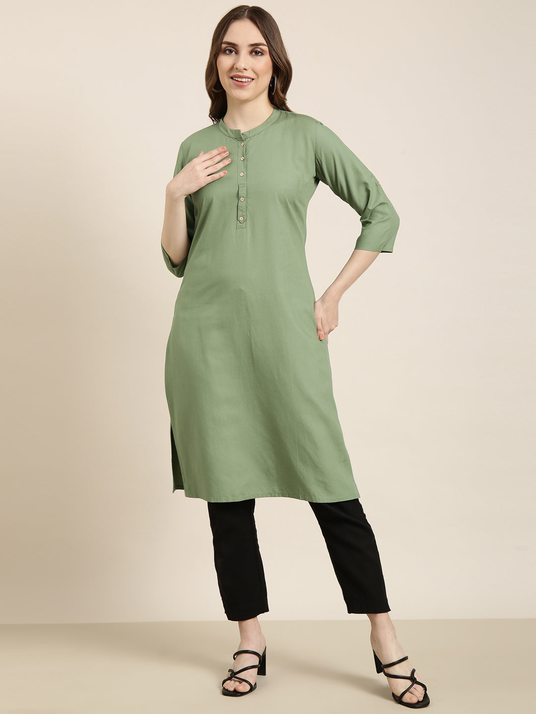 Women's Straight Green Solid Kurta