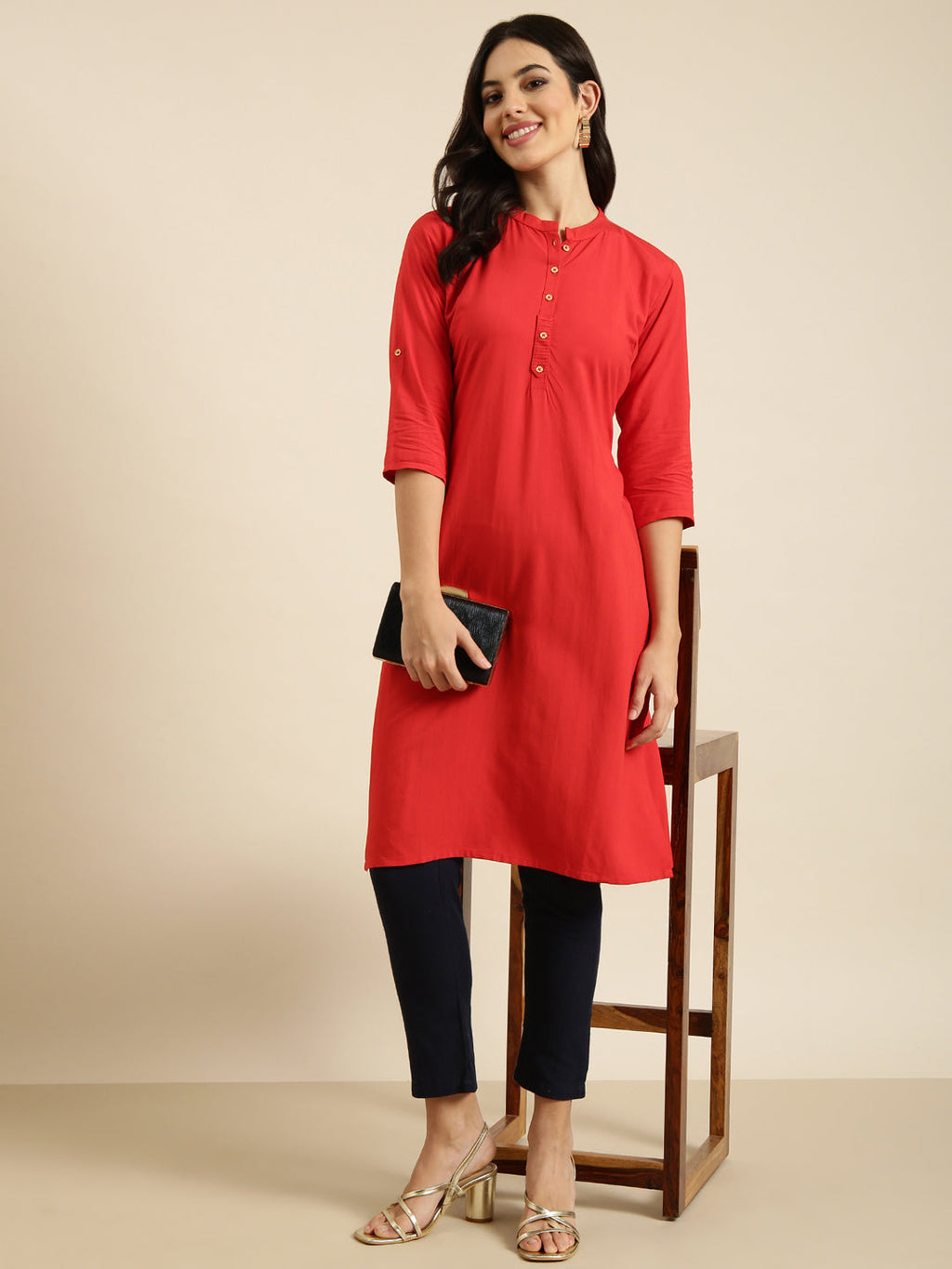 Women's Straight Red Solid Kurta