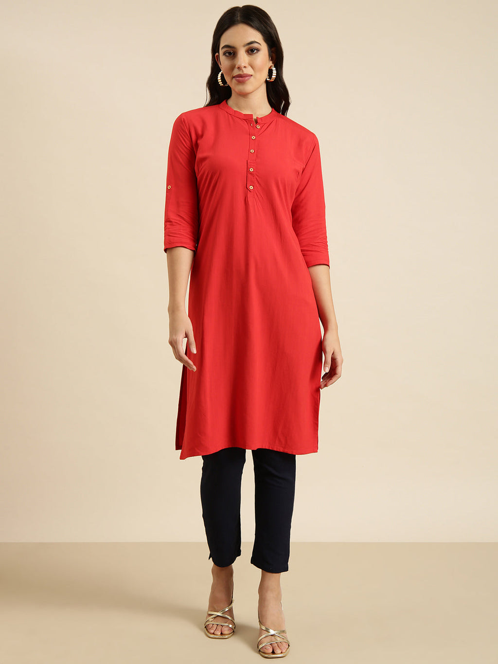 Women's Straight Red Solid Kurta